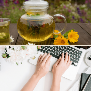 Hände auf einer Tastatur und eine Teekanne mit leckerem Tee, der auf der Terrasse steht mit frischen Blumen